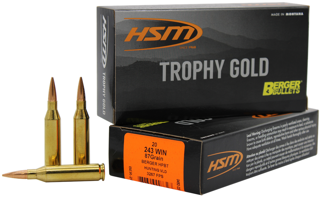 HSM 24387VLD Trophy Gold Extended Range 243 Win 87 gr Berger Hybrid Tactical Open Tip Match 20 Per Box/ 25 Case